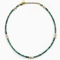 18K Gold Plated Natural Green Stone Spaced Pearl Bead Choker Necklace