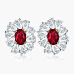 18K Gold Plated Ruby Cubic Zirconia Flower Halo Sterling Silver Jewelry Set