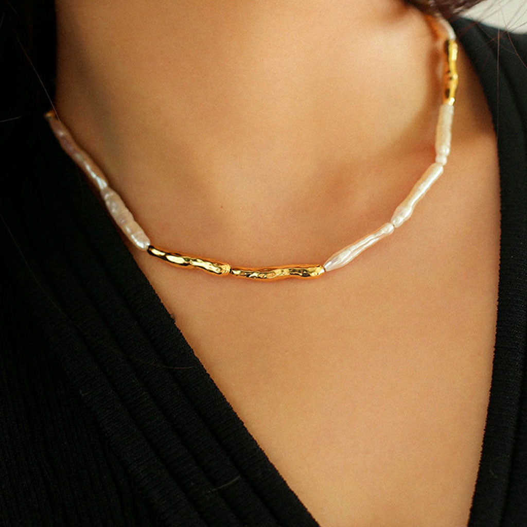 18K Gold Plated Two Tone Natural Baroque Stick Pearl Choker Necklace