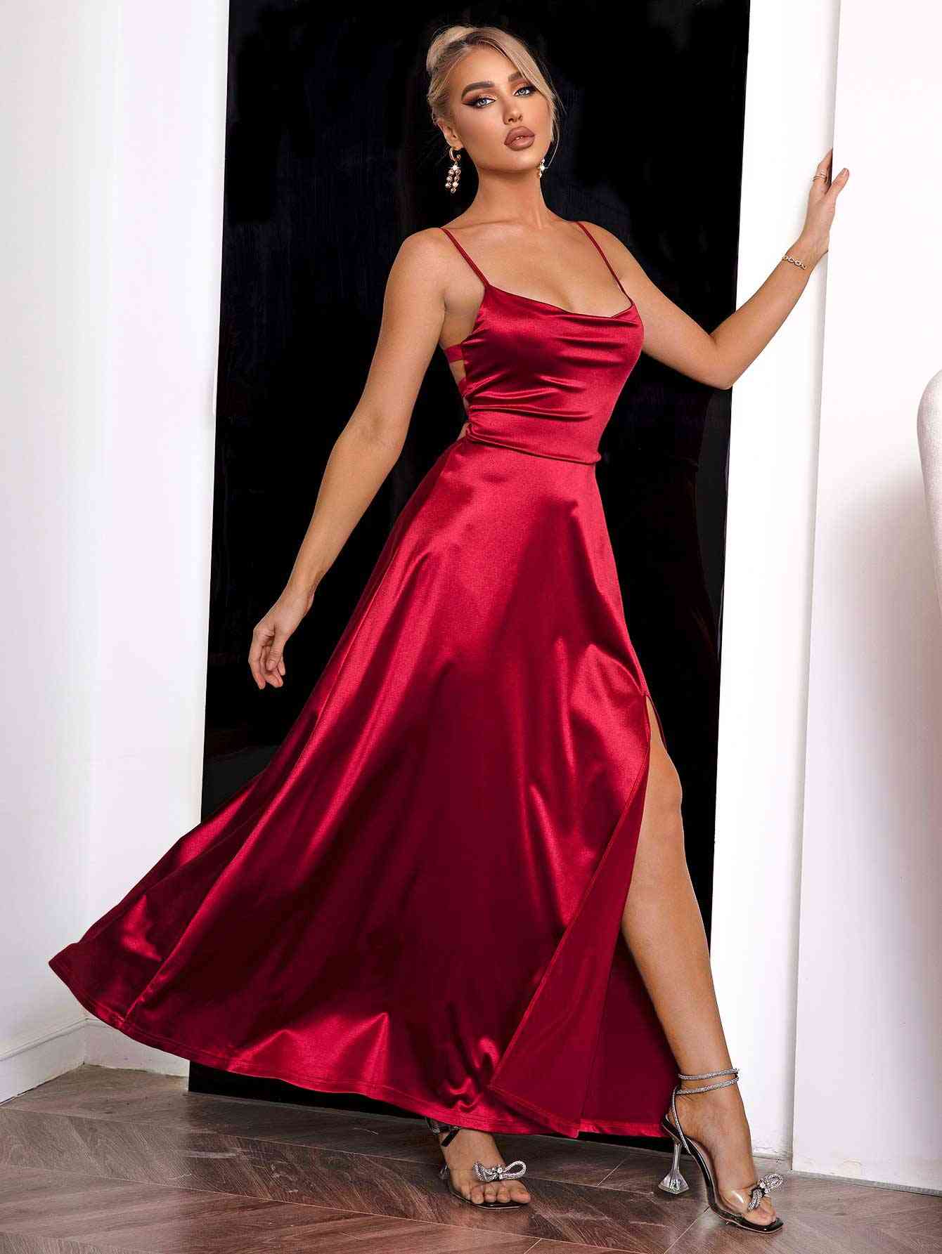 Crimson Elegance Satin Maxi Dress