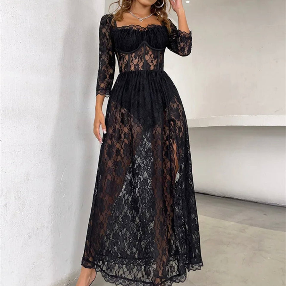 Delilah Sexy Lace Split Maxi Dress