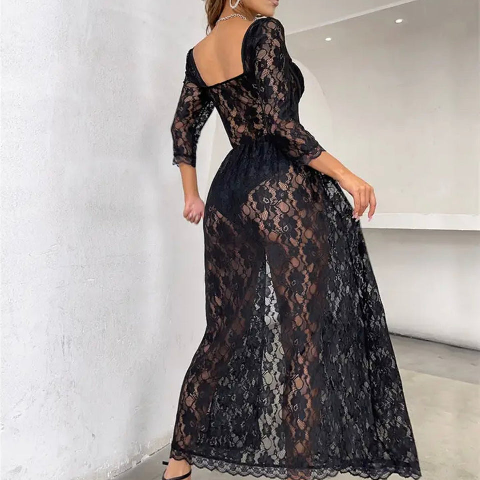 Delilah Sexy Lace Split Maxi Dress