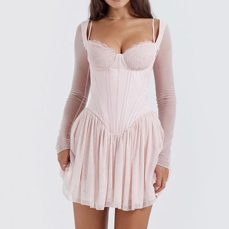 Bombshell Long Sleeve Bustier Corset Frill Mini Dress