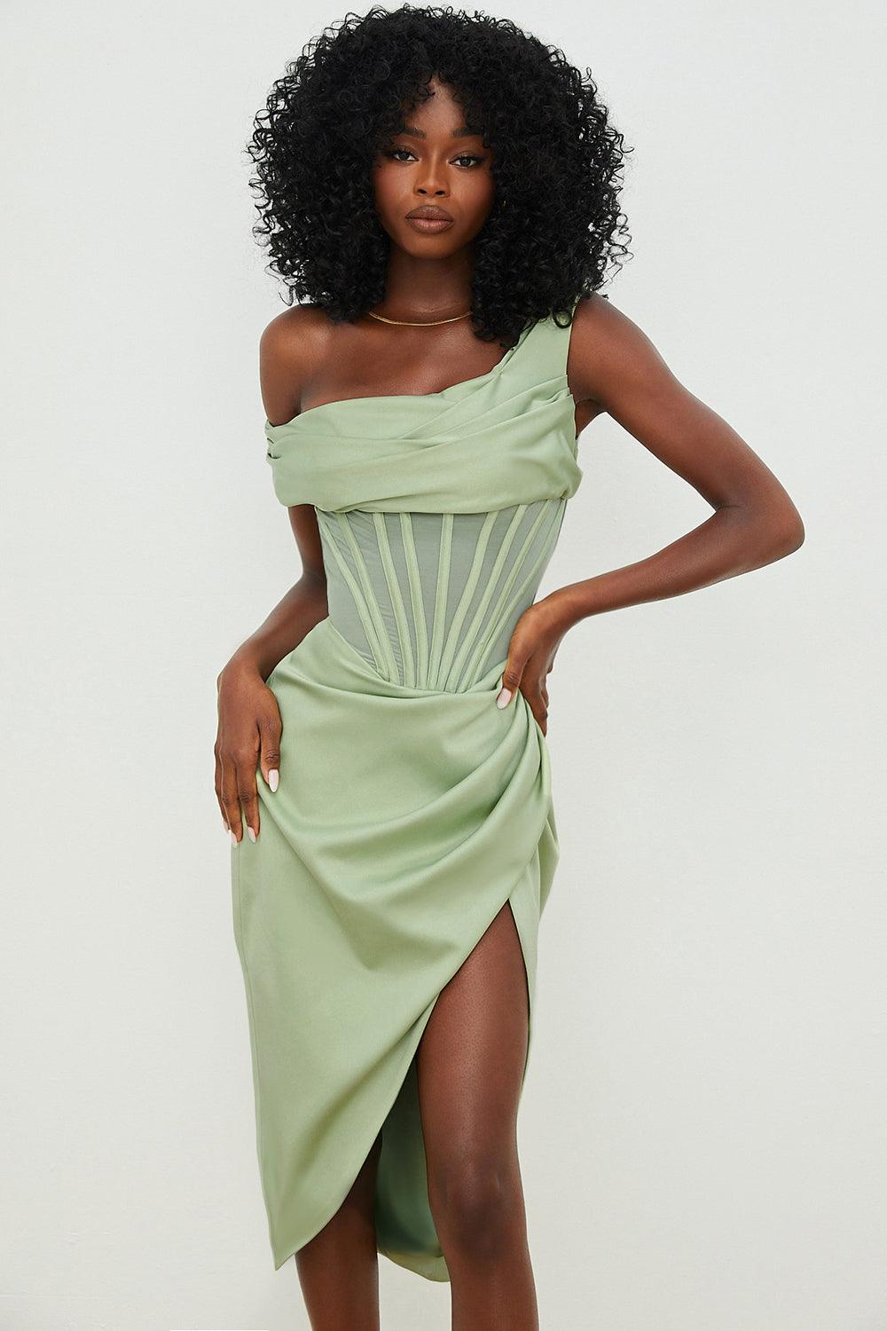 Draped Diva One-Shoulder Corset Bodycon Midi Dress