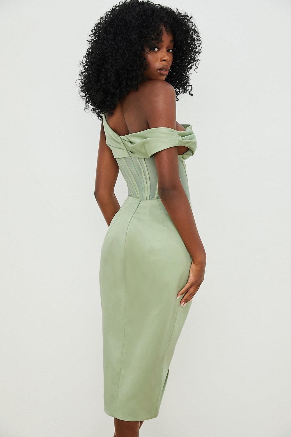 Draped Diva One-Shoulder Corset Bodycon Midi Dress