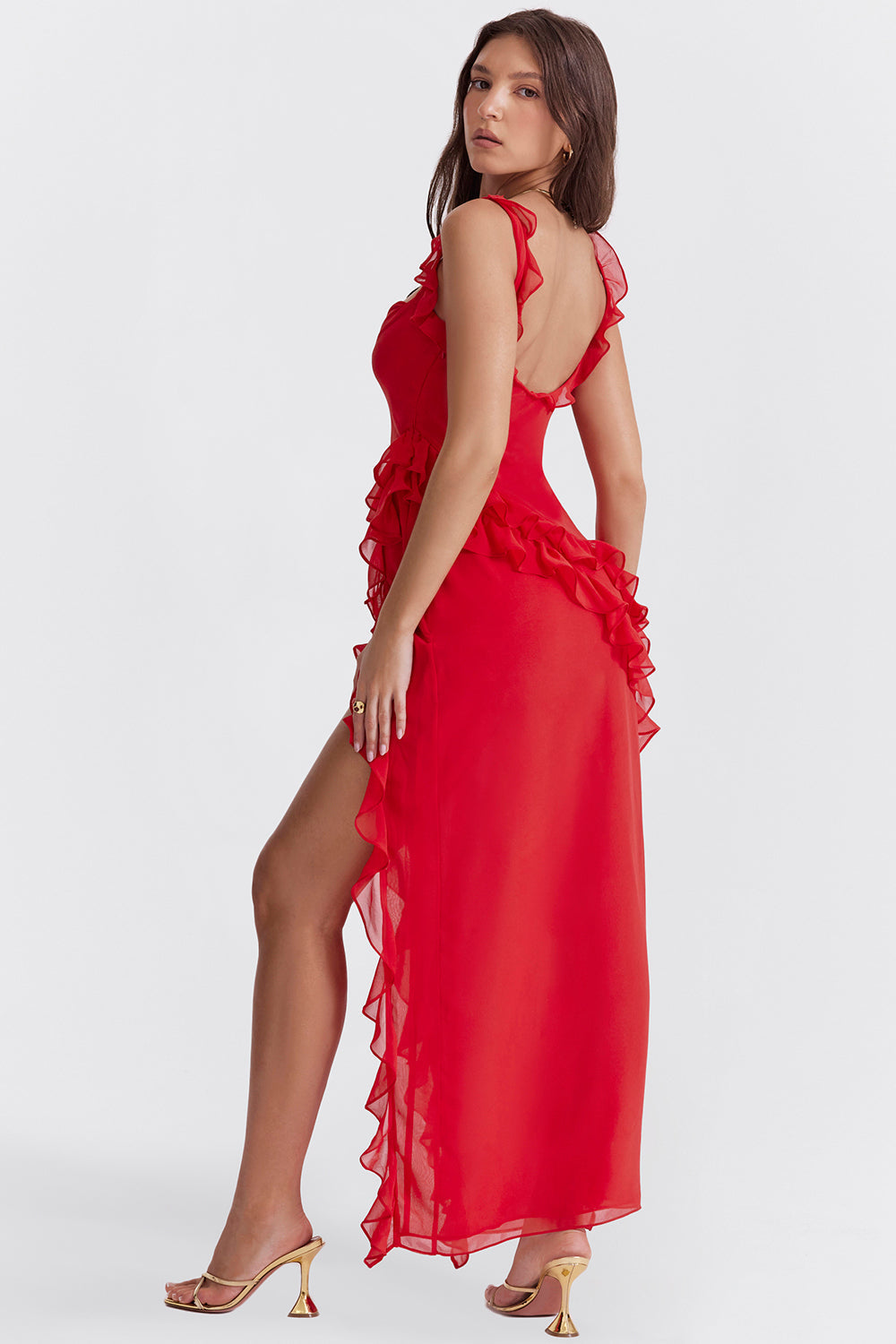 Ruffled Elegance Bodycon Ruched Maxi Dress