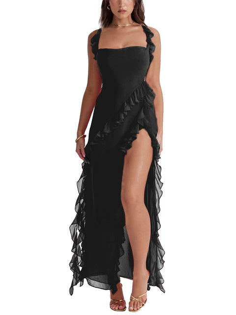 Ruffled Elegance Bodycon Ruched Maxi Dress