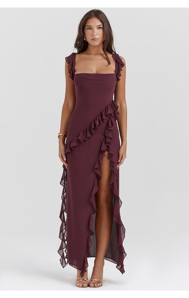 Ruffled Elegance Bodycon Ruched Maxi Dress