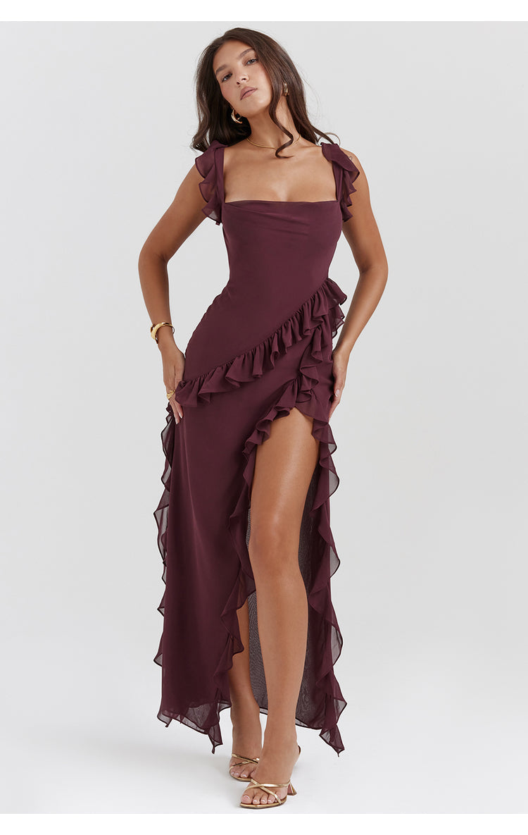 Ruffled Elegance Bodycon Ruched Maxi Dress