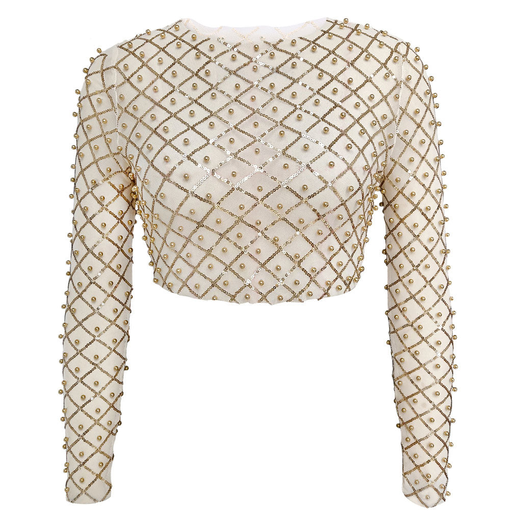 Luxury Faux Pearl and Sequin Embellished Long Sleeve Sheer Mesh Crop Top