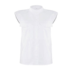 Minimalist Solid Color Shoulder Pad Mock Neck Button Up Sleeveless Shirt