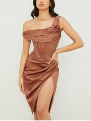 Draped Diva One-Shoulder Corset Bodycon Midi Dress