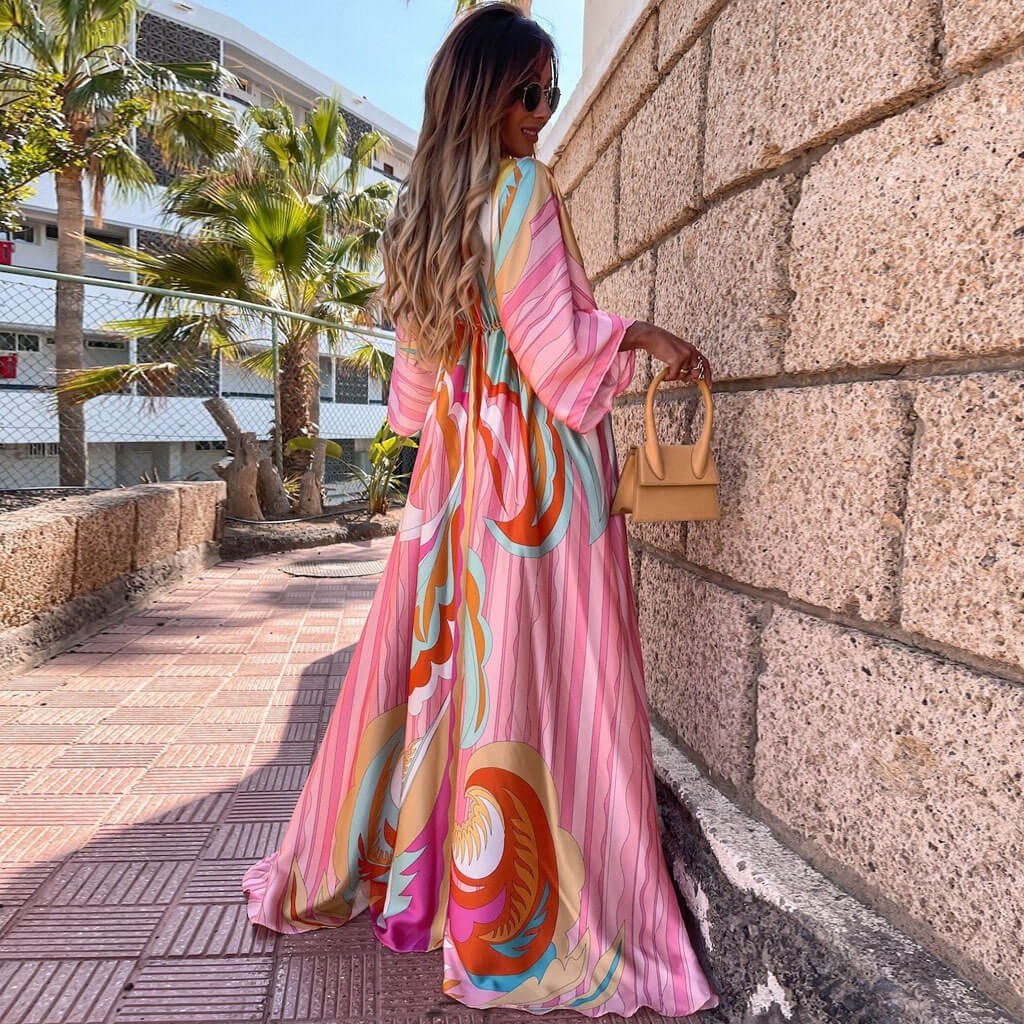 Abstract Print Belted Button Down V Neck Maxi Dress - Pink