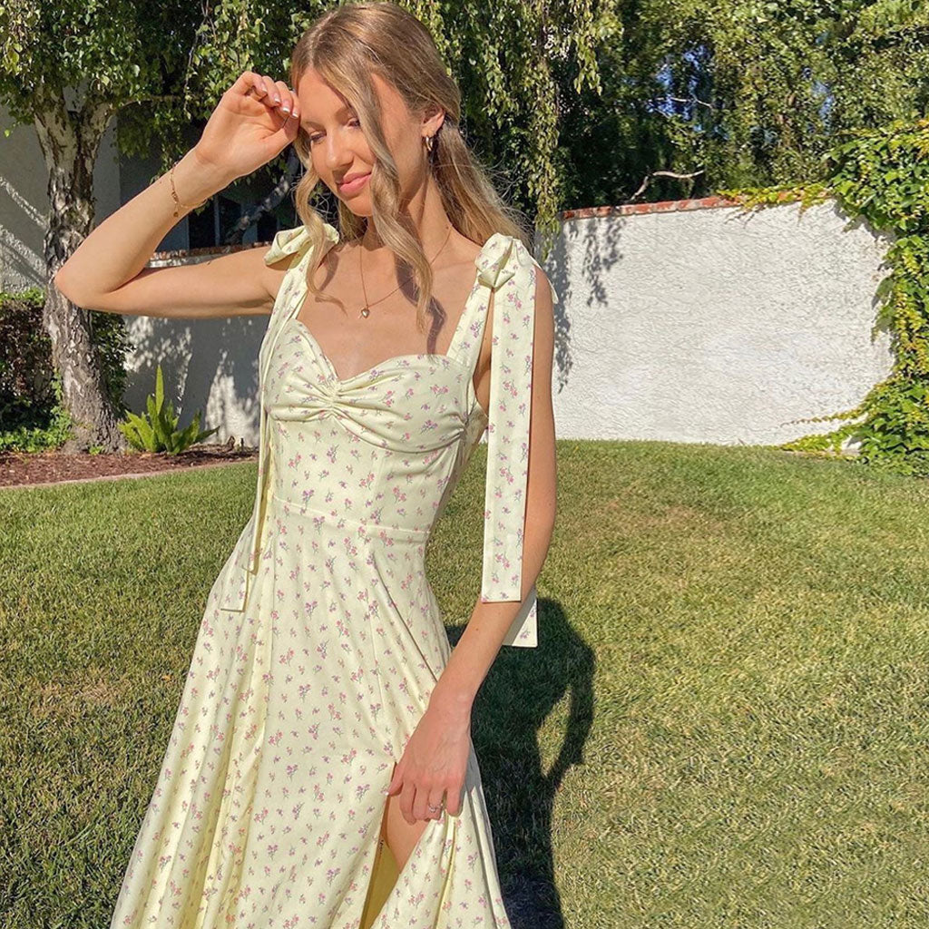 Daisy Printed High Slit A-Line Slip Midi Sundress - Yellow