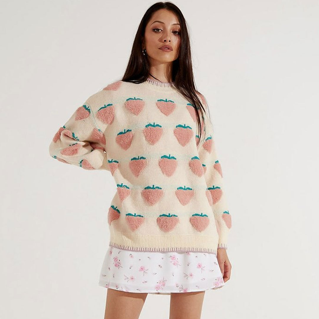 Strawberry Oversized Crew Neck Knit Pullover Sweater - Pink