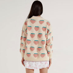 Strawberry Oversized Crew Neck Knit Pullover Sweater - Pink