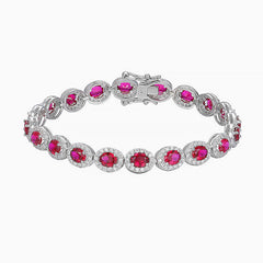 Alluring Rhodium Plated Sterling Silver Bezel Ruby Halo Tennis Bracelet