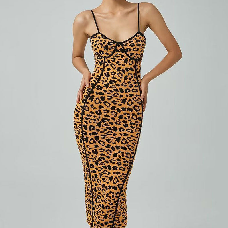 Sleeveless Bodycon Leopard Sweater Midi Dress - Leopard