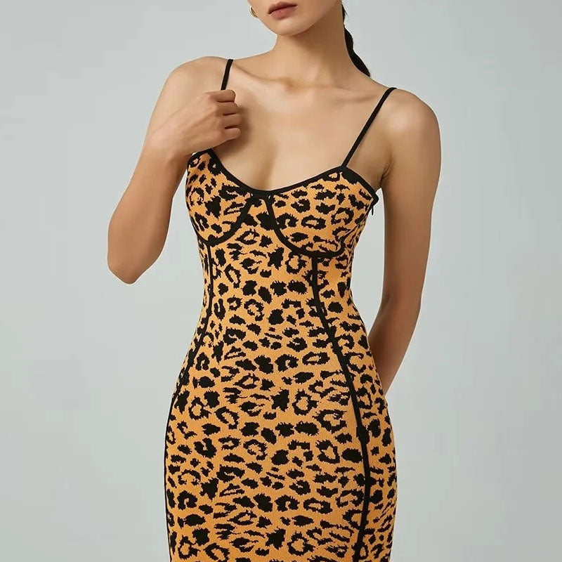 Sleeveless Bodycon Leopard Sweater Midi Dress - Leopard