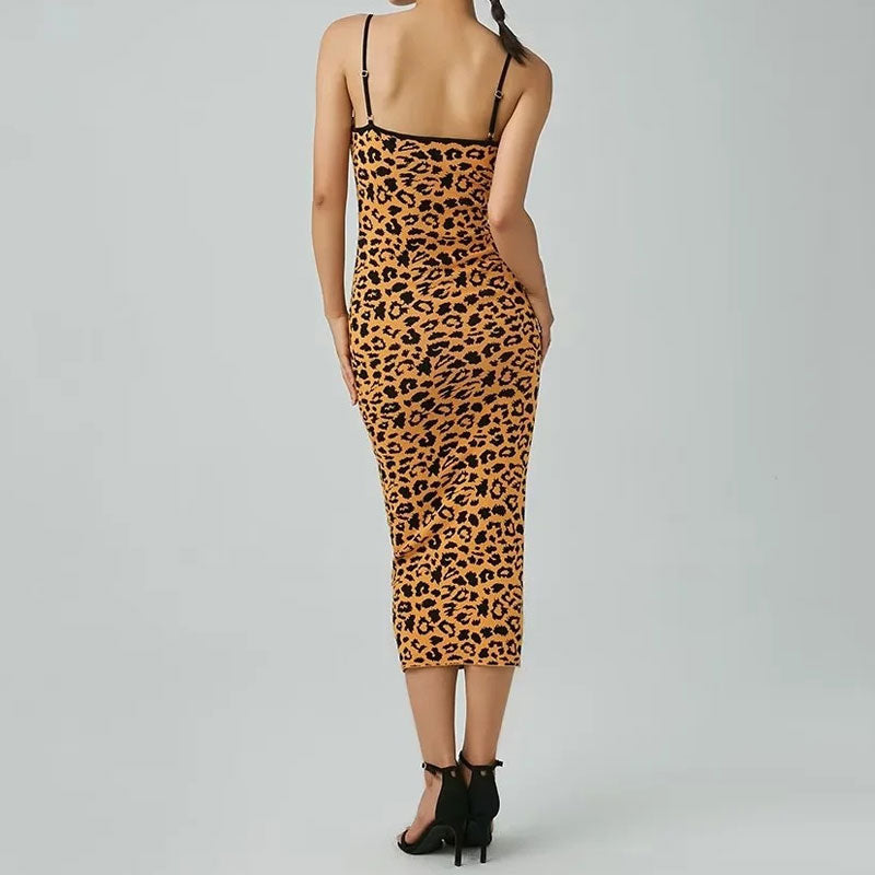 Sleeveless Bodycon Leopard Sweater Midi Dress - Leopard