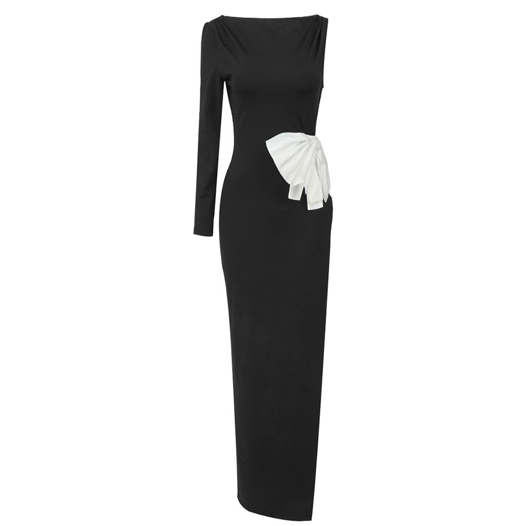 Artsy Big Bow Backless Boat Neck Long Sleeve Side Split Thigh Maxi Evening Dress