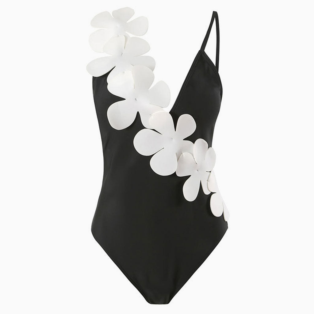 Asymmetric Contrast 3D Petal Flower Moderate V Neck One Piece Swimsuit