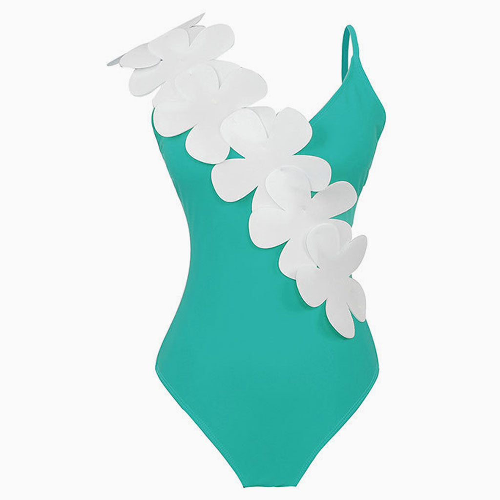 Asymmetric Contrast 3D Petal Flower Moderate V Neck One Piece Swimsuit