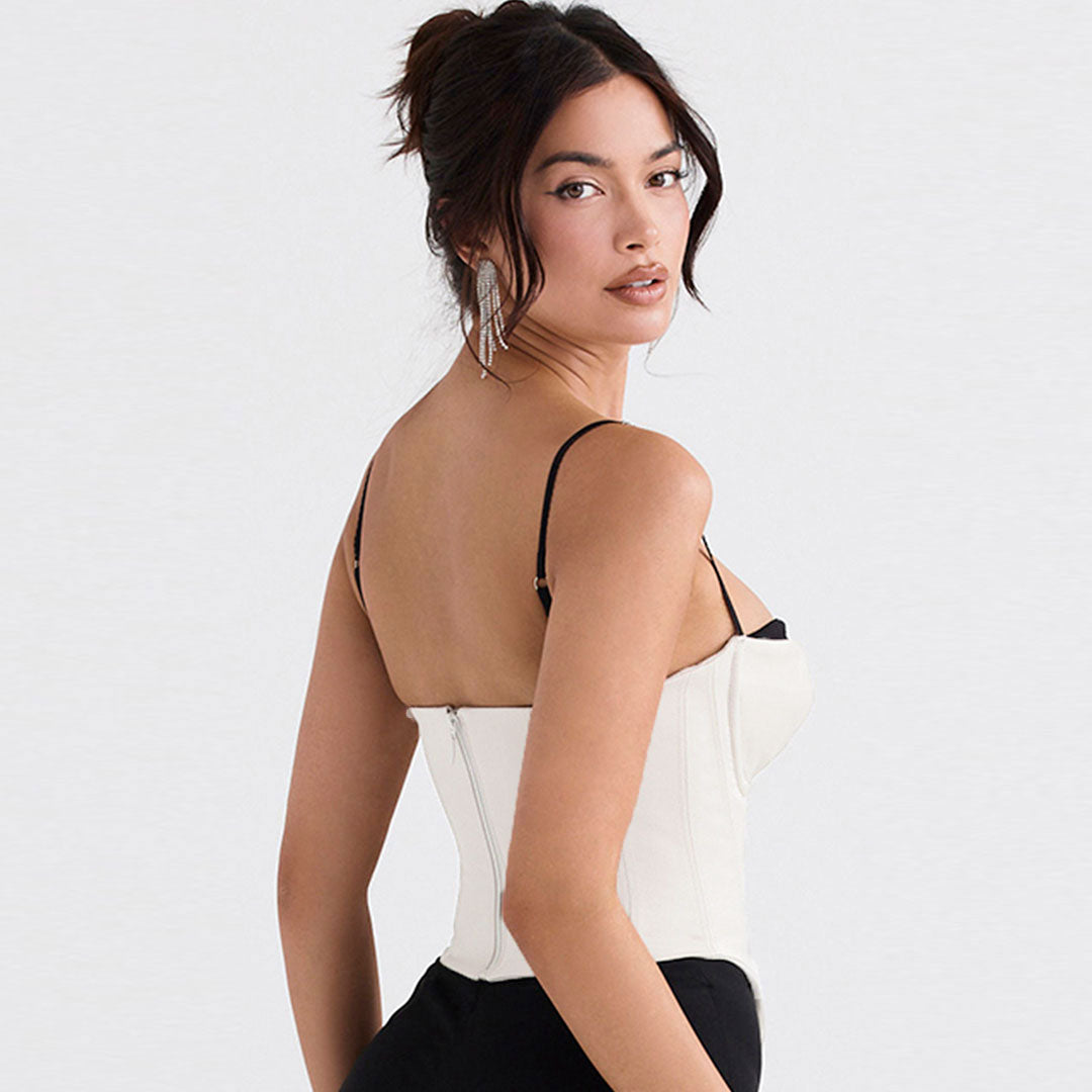 Asymmetric Contrast Sweetheart Satin Sleeveless Corset Crop Top - White