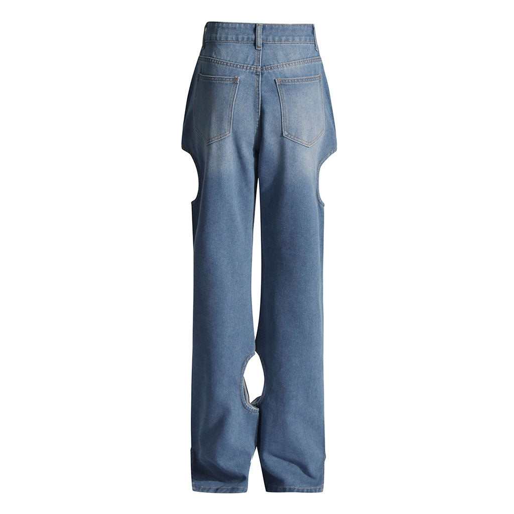 Asymmetric Cut Out Whisker High Waist Straight Leg Washed Denim Jeans