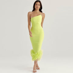 Asymmetric Feather Trim Sleeveless Bodycon Cocktail Midi Dress - Lime Green