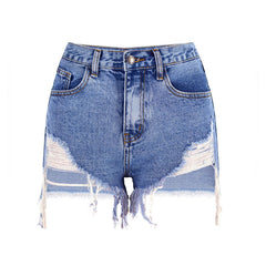 Asymmetric High Waist Cut Out Distressed Denim Shorts - Blue