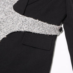 Asymmetric Lurex Tweed Long Sleeve Peak Collar Buttoned Spliced Blazer