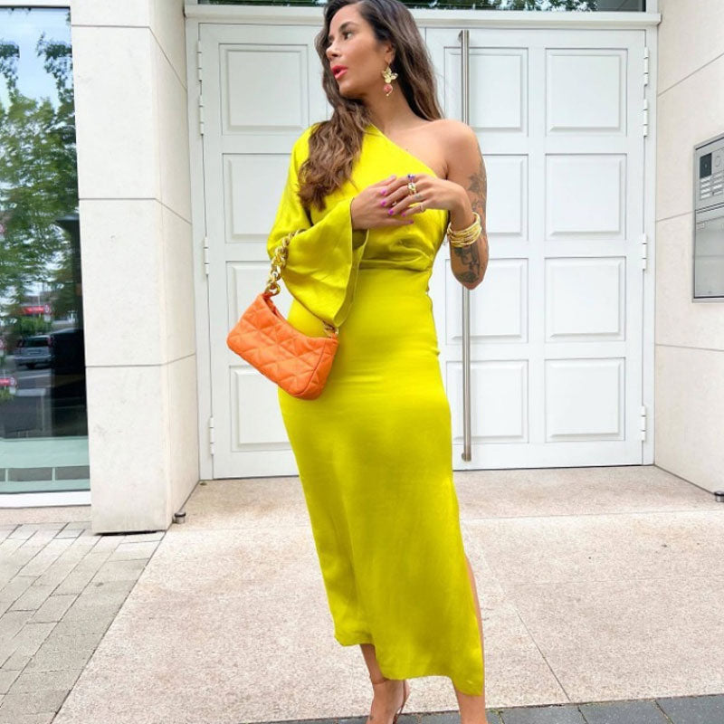 Asymmetric One Shoulder Bell Sleeve Split Midi Dress - Chartreuse Yellow