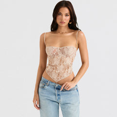 Asymmetric Paisley Lace Sweetheart Sleeveless Crop Tank Top - Apricot