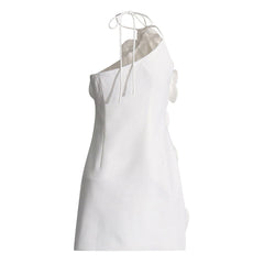 Asymmetric Rosette Applique Halter Tie Sleeveless A Line Crepe Mini Dress