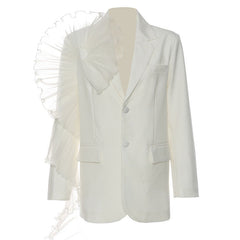 Asymmetric Ruffle Trim Lapel Collar Single Breasted Oversized Blazer - White