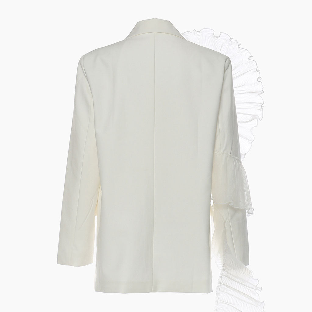 Asymmetric Ruffle Trim Lapel Collar Single Breasted Oversized Blazer - White