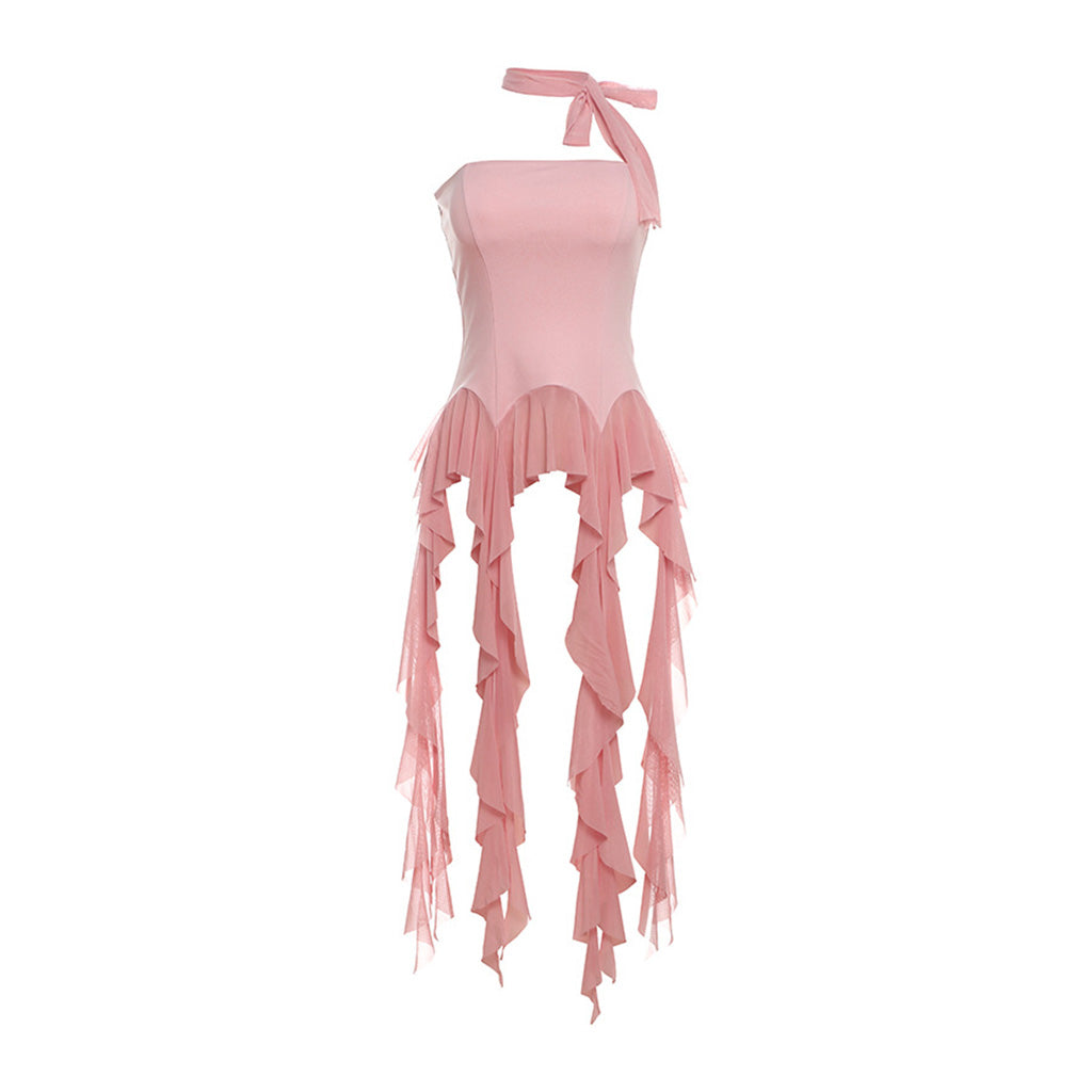 Asymmetrical Choker Draped Mesh Ruffle Fringe Fitted Peplum Tube Top