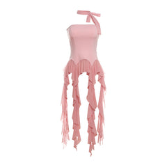 Asymmetrical Choker Draped Mesh Ruffle Fringe Fitted Peplum Tube Top