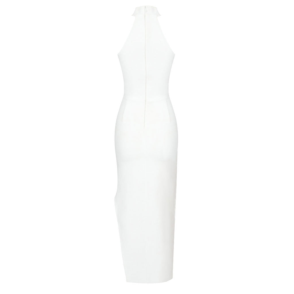 Asymmetrical Crystal Petal Decor Halter Neck Bandage Midi Cocktail Dress