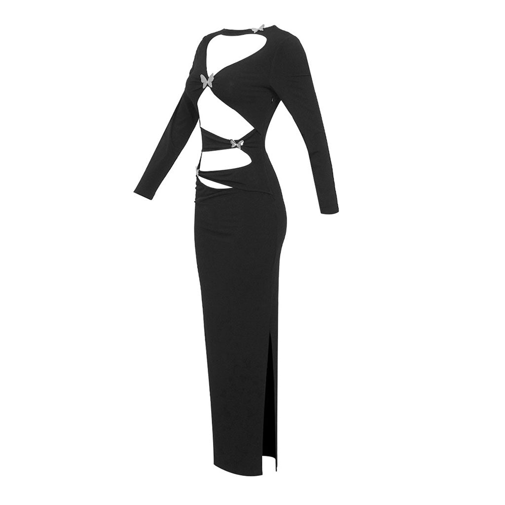 Asymmetrical Cutout Crystal Butterfly Metal Boat Neck Side Split Maxi Evening Dress