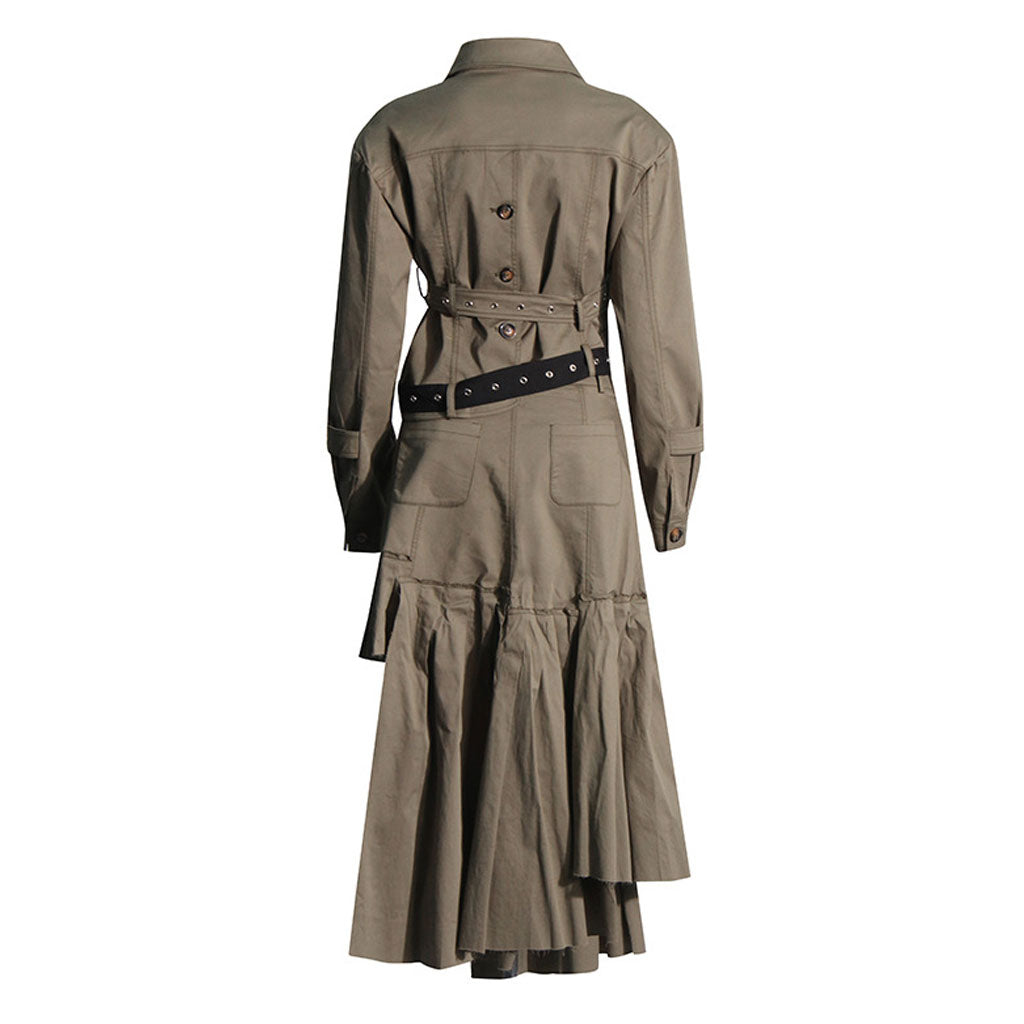 Asymmetrical Double Belt Button Up Jacket Pleated Maxi Skirt Matching Set