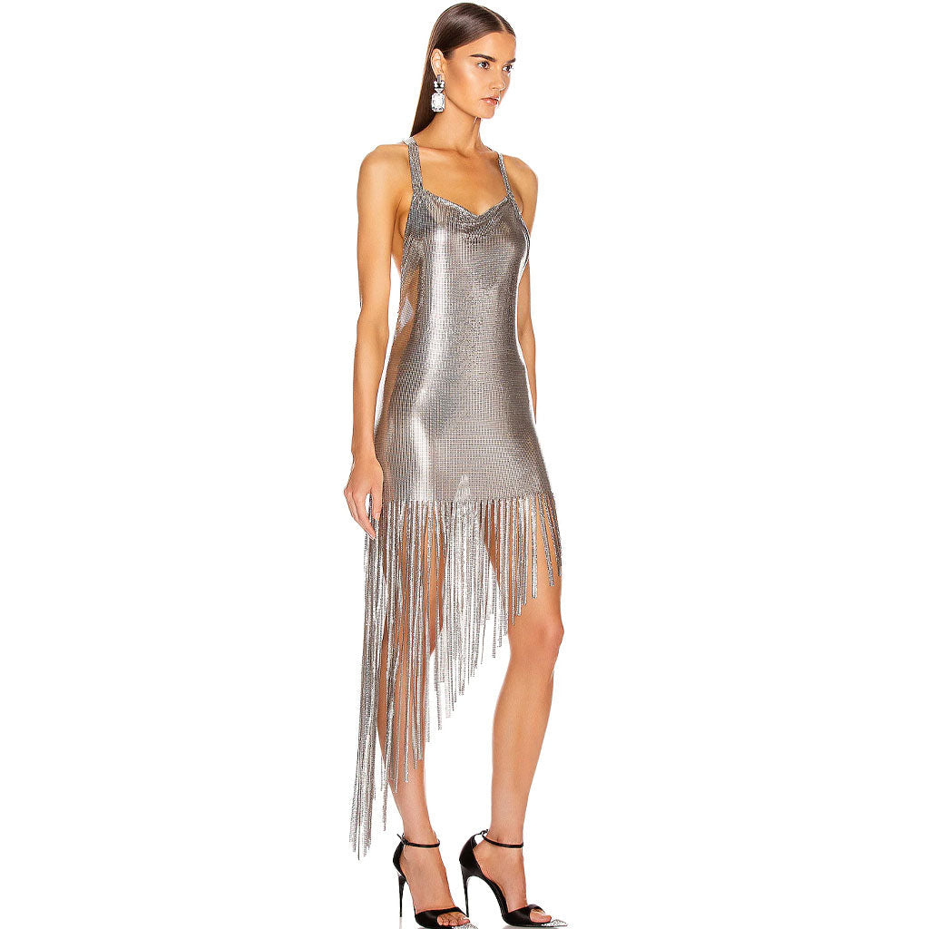 Asymmetrical Fringe Cowl Neck Backless Metal Mesh Dress - Silver