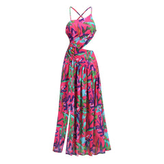 Asymmetrical Gathered Cutout Floral Print High Split Backless Slip Maxi Dress