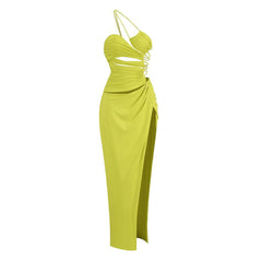 Asymmetrical One Shoulder Backless Ruched High Split Cutout Maxi Dress