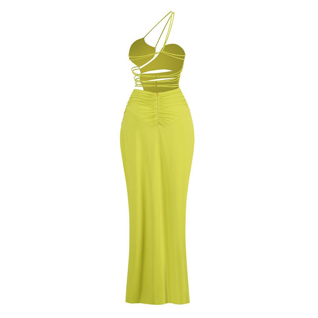 Asymmetrical One Shoulder Backless Ruched High Split Cutout Maxi Dress