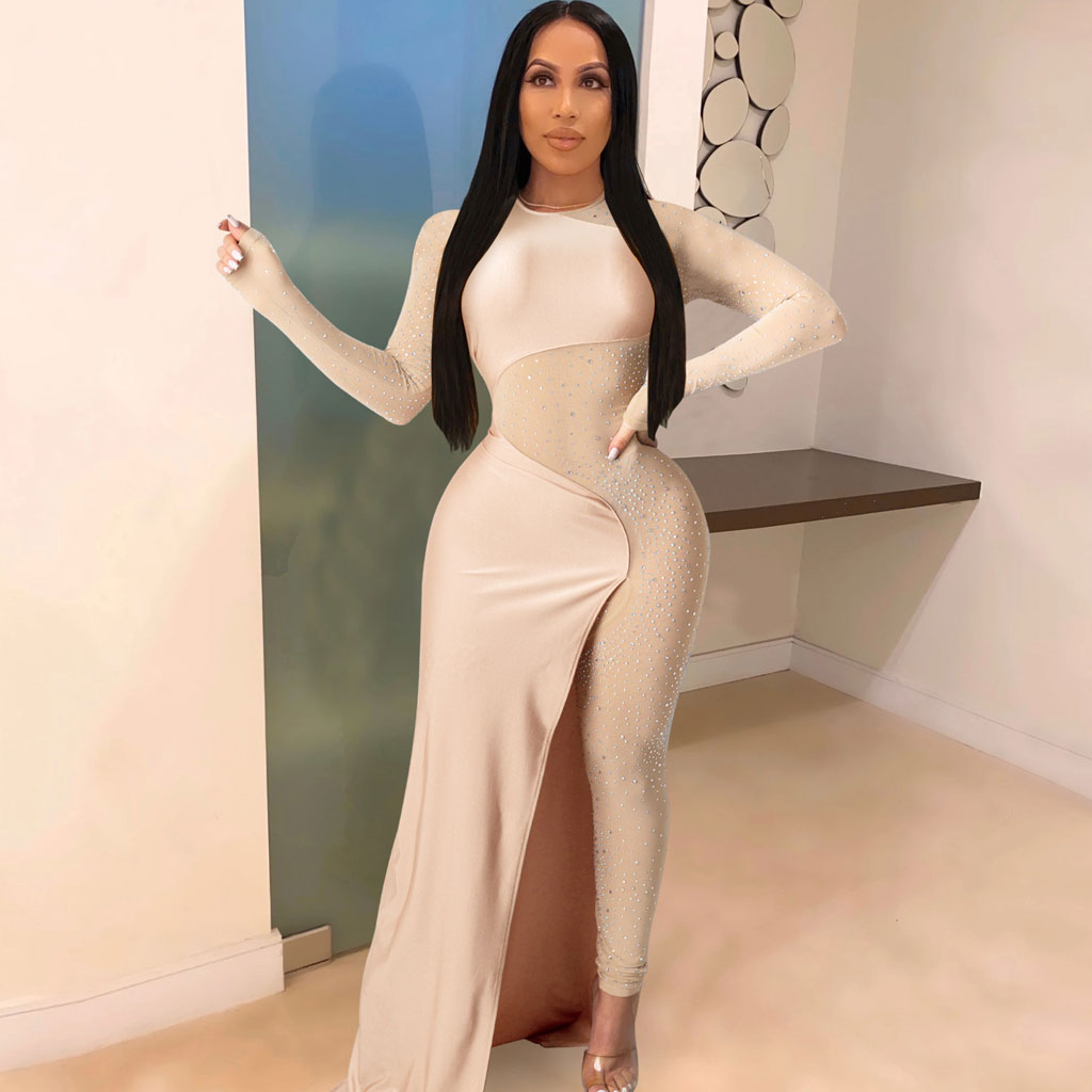 Asymmetrical Sheer Mesh Panel Crew Neck Long Sleeve Rhinestone Jumpsuit