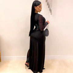 Asymmetrical Sheer Mesh Panel Crew Neck Long Sleeve Rhinestone Jumpsuit