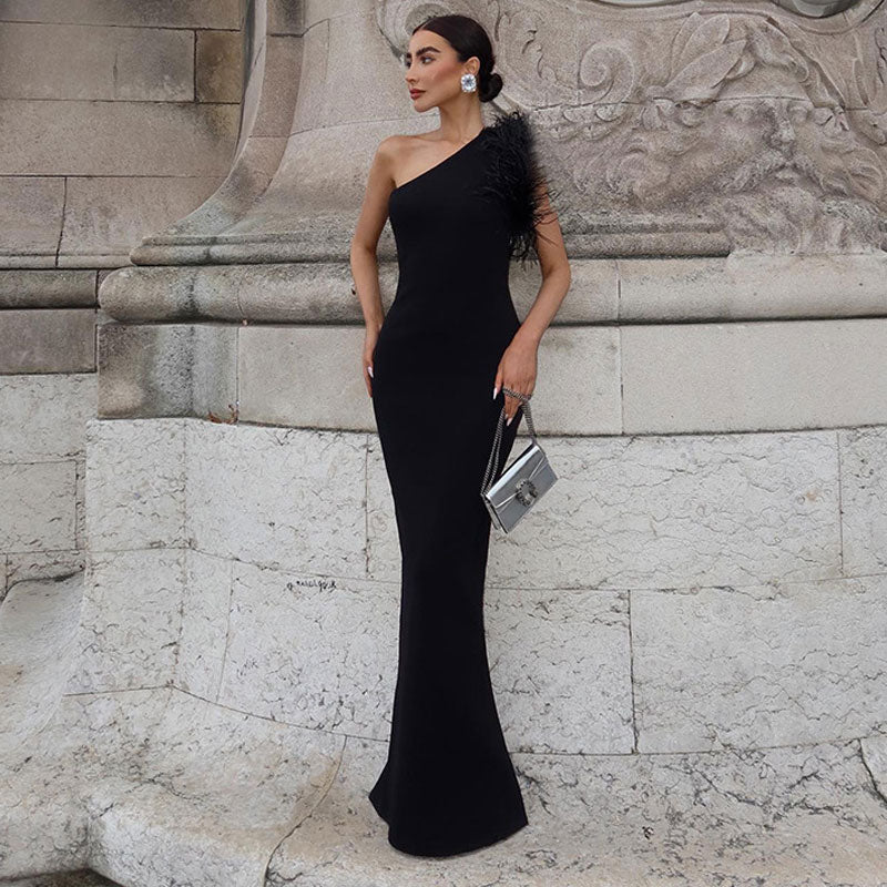 Asymmetrical Wispy Feathered One Shoulder Back Split Bandage Knit Maxi Evening Dress