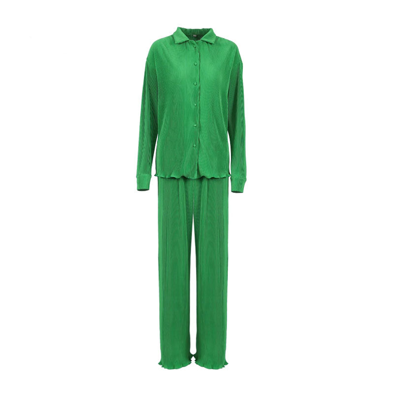 Athflow Shirred Long Sleeve Blouse Wide Leg Pant Matching Set - Green